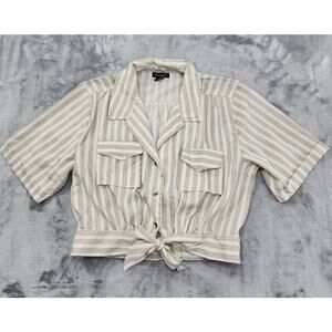 Style House Striped Short Sleeve Button Down Crop Top Size XL Cream Tan Safari